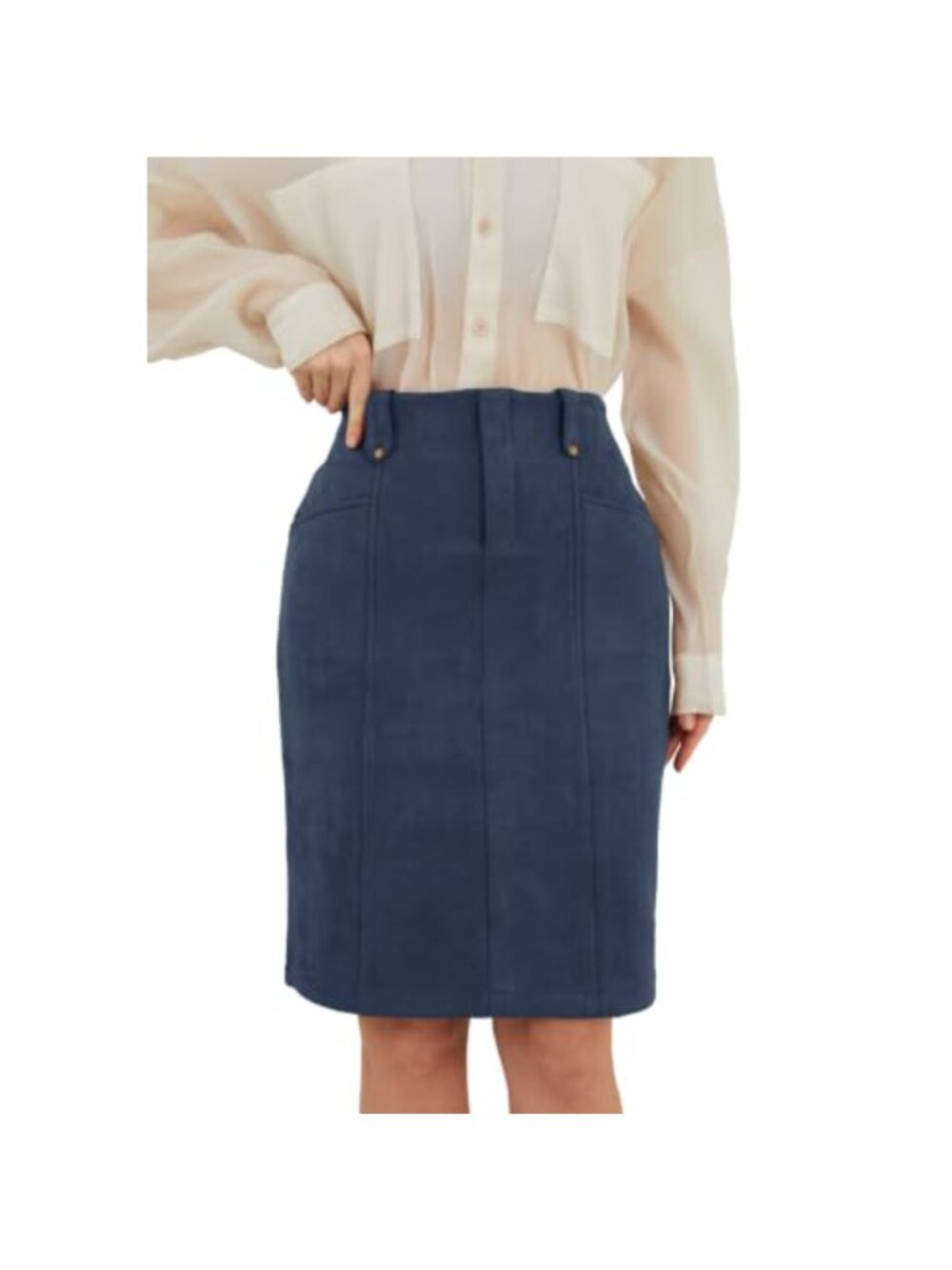 Faux Suede Knee Length Bodycon Work Skirt with Pockets Back Slit Office